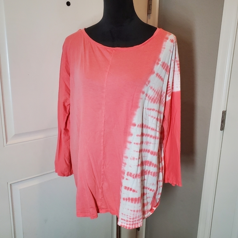 Pure Jill Women's Large Tie-Dye Pima Cotton Long Sleeve Top Melon Pink and White